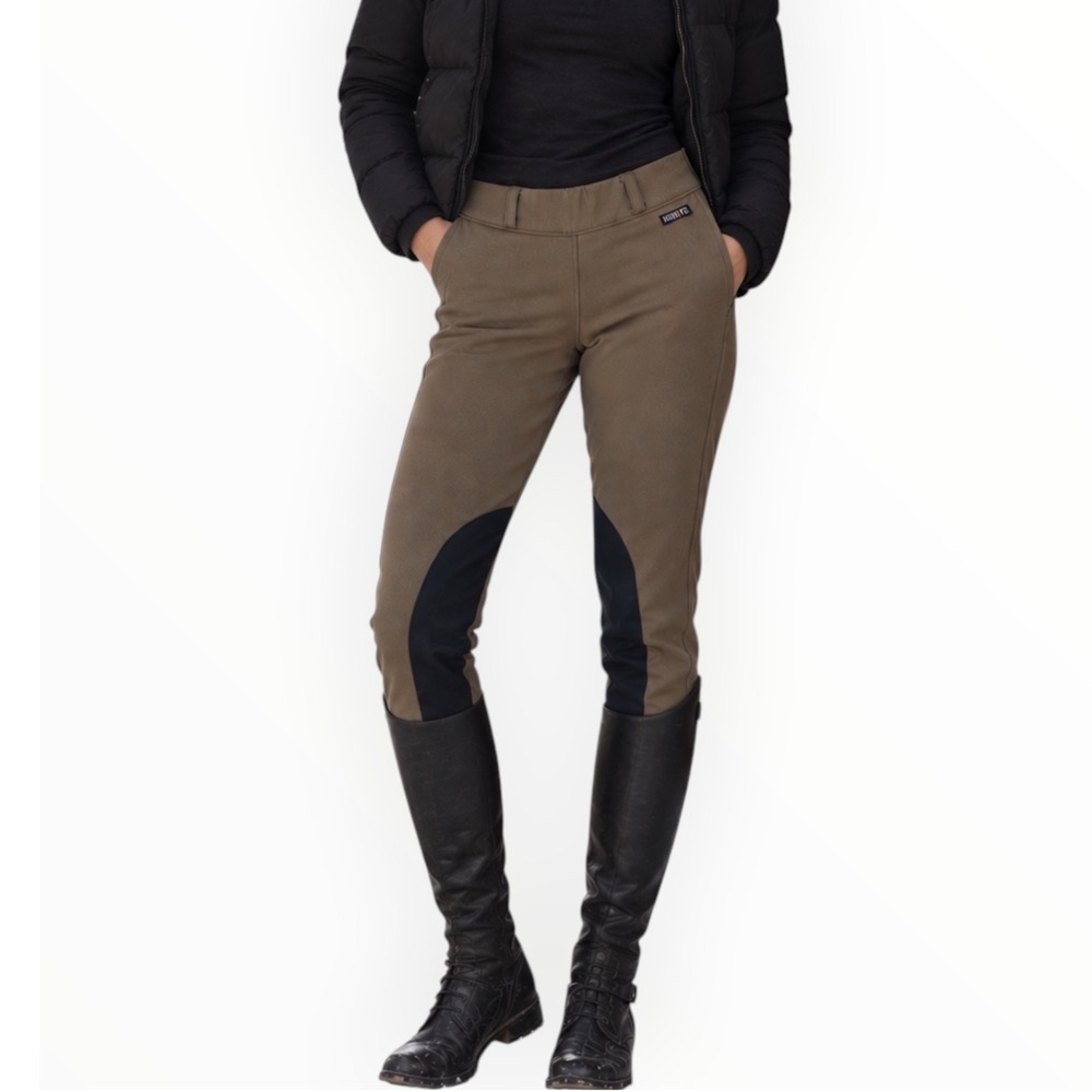 Kerrits Women Fleece Lined Winter Horse Riding Breeches Brown Black Knee Patch